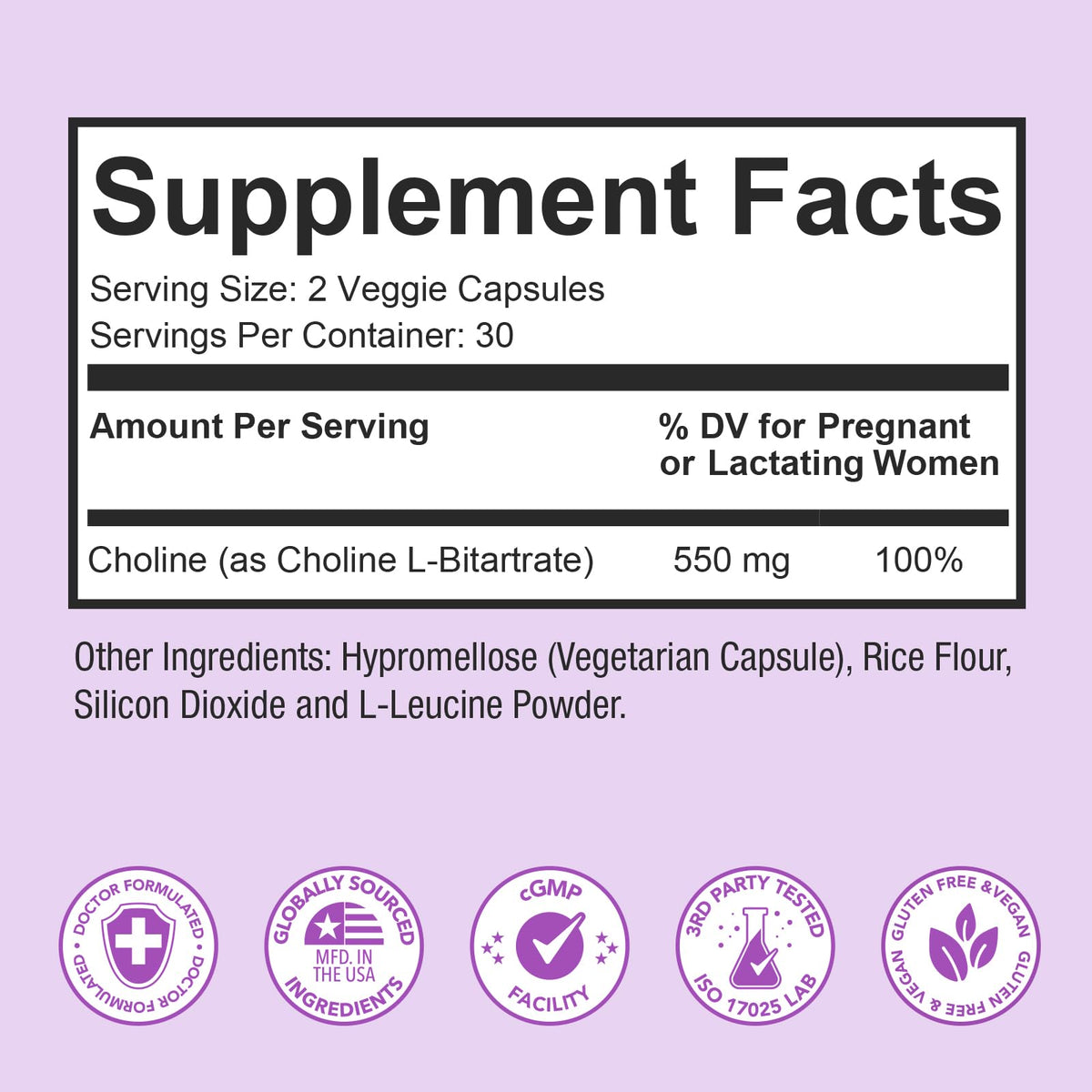 Détail des gélules Premom Choline prénatale 550mg avec dosage affiché