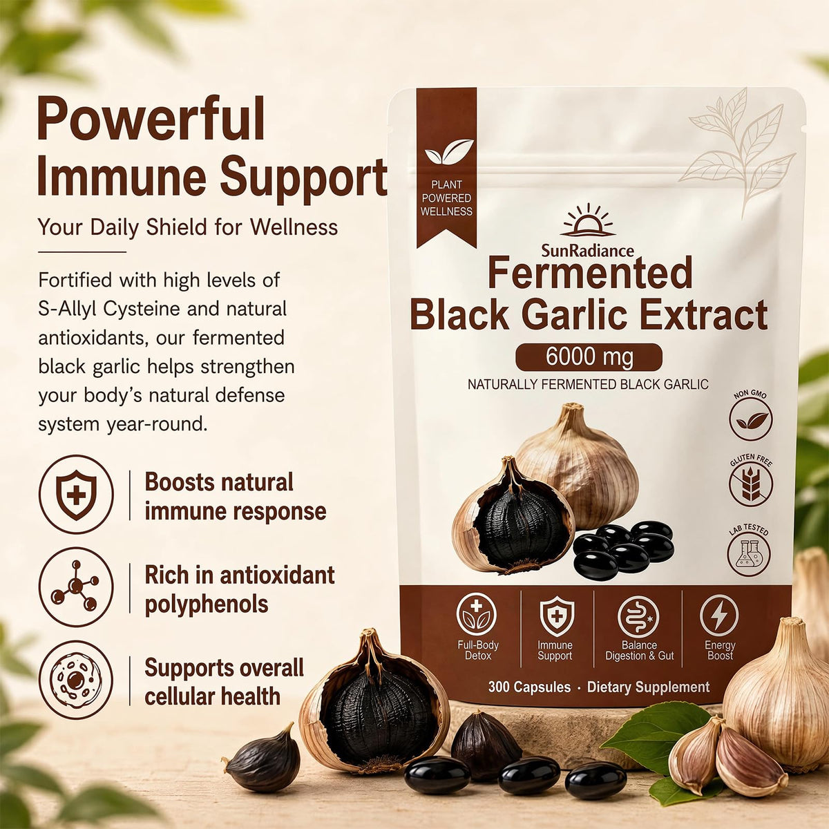 Détail des gélules softgels d'extrait d'ail noir Sun Radiance