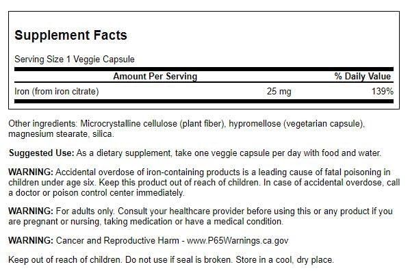 Détail des gélules végétales de Swanson Fer Citrate 25 mg