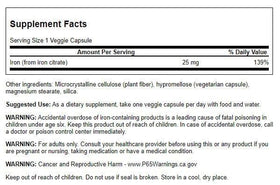 Détail des gélules végétales de Swanson Fer Citrate 25 mg