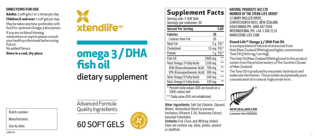 Détail des gélules Xtendlife Omega-3 DHA sur une surface blanche
