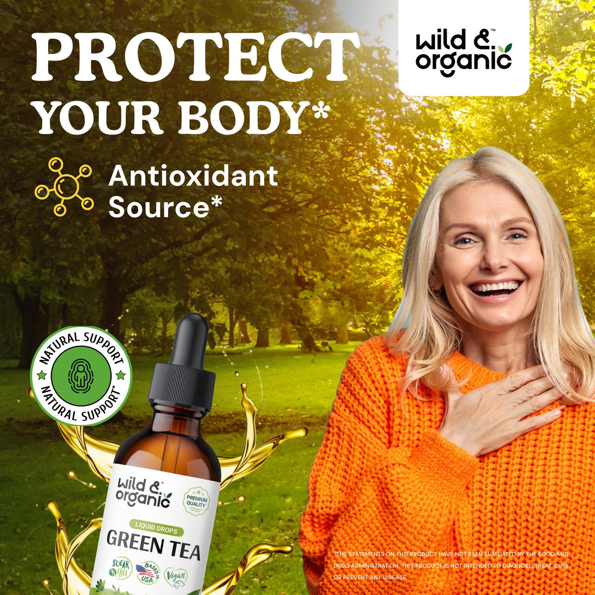 Détail des gouttes d'extrait de thé vert Wild & Organic dans une cuillère