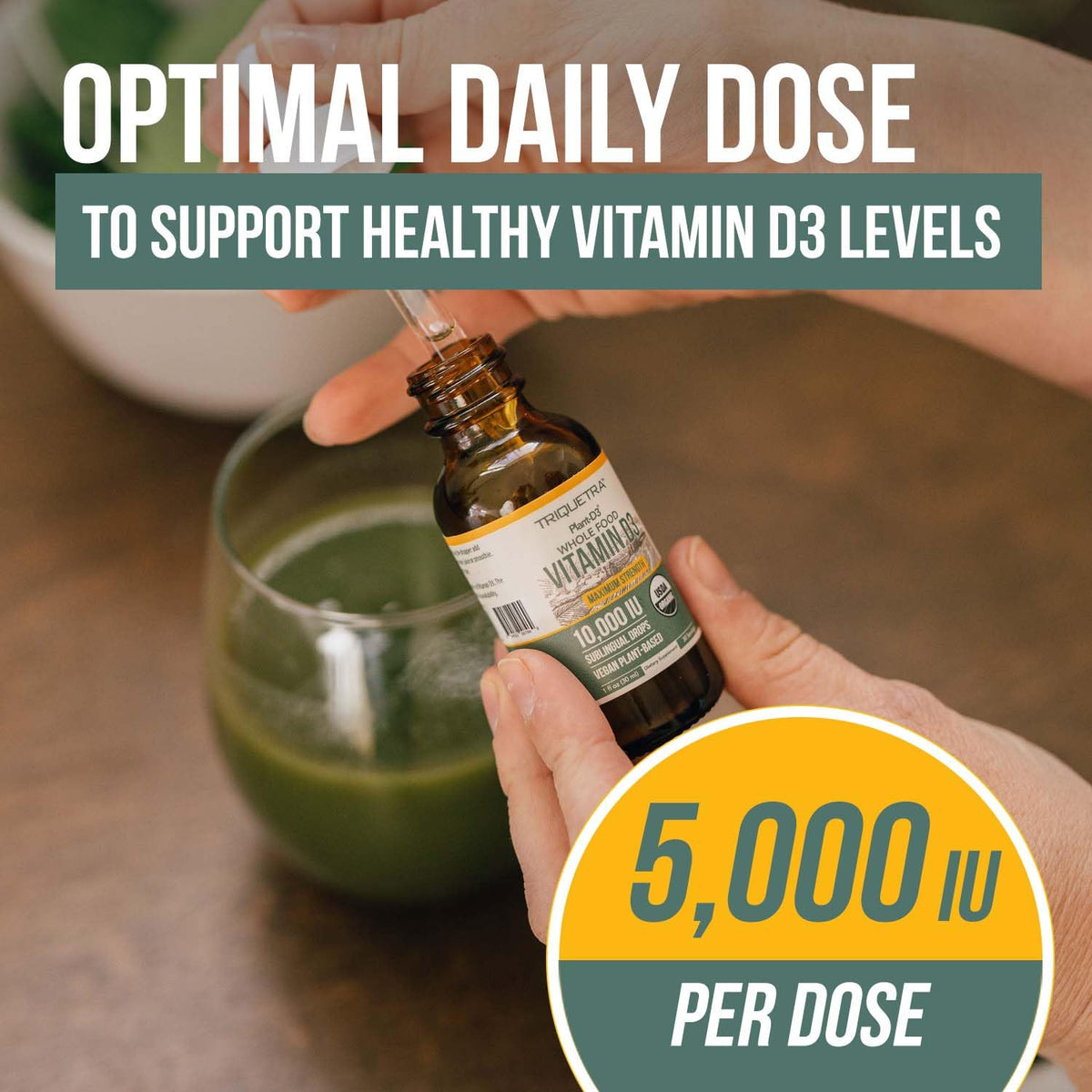 Détail des gouttes de Vitamin D3 Vegan Triquetra Health sur une cuillère