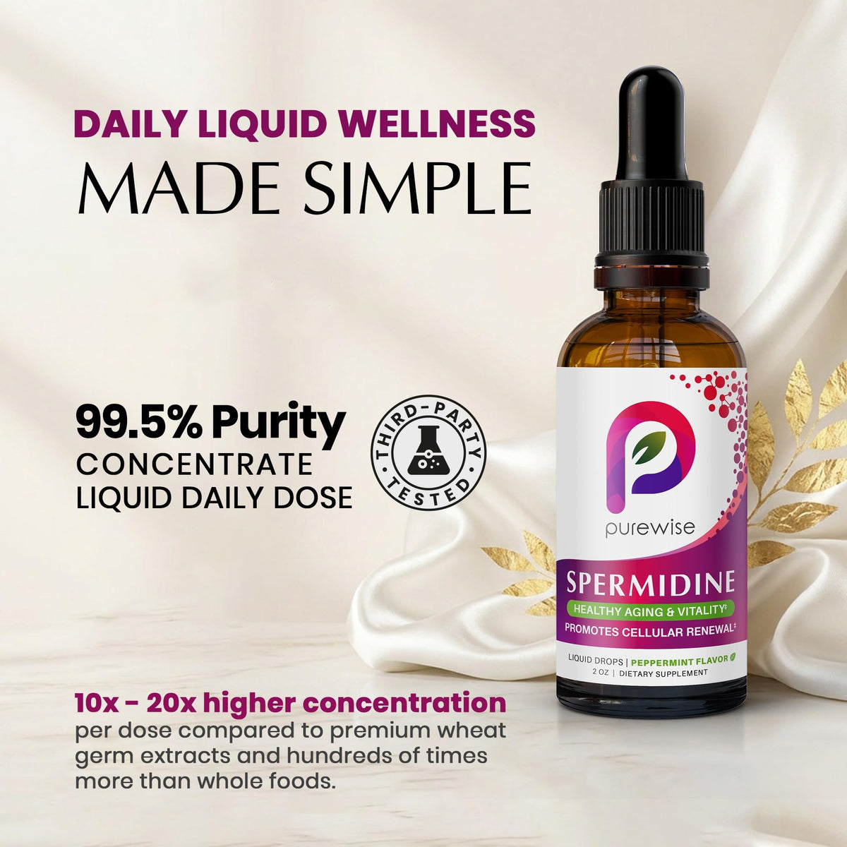 Détail des gouttes liquides de spermidine PureWise avec étiquette
