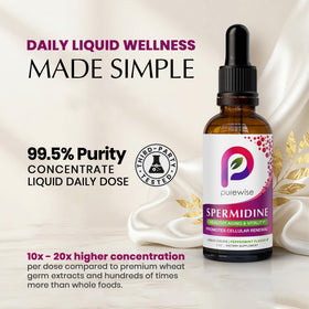 Détail des gouttes liquides de spermidine PureWise avec étiquette