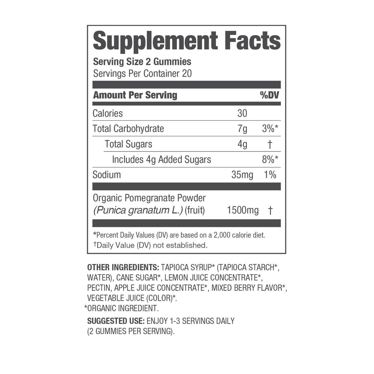 Détail des gummies à la grenade bio Navitas Organics avec des fruits autour
