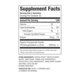 Détail des gummies à la grenade bio Navitas Organics avec des fruits autour