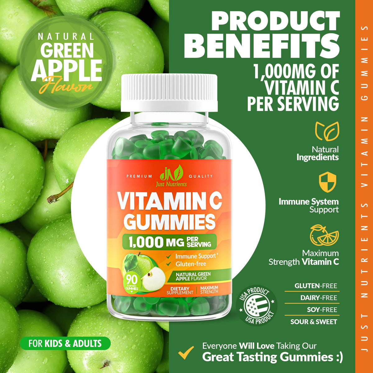 Détail des gummies à la vitamine C Just Nutrients avec sucre