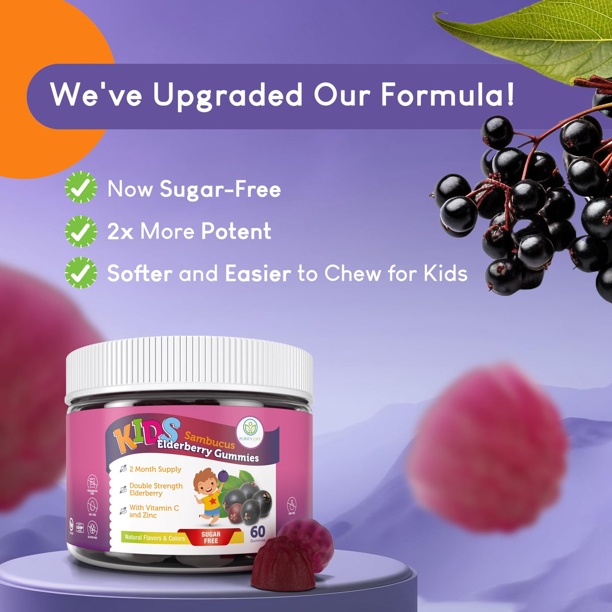 Détail des gummies au sureau avec saveur naturelle de myrtille