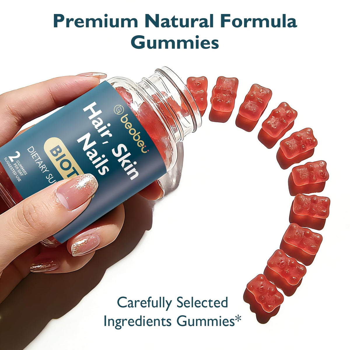 Détail des gummies biotin beobeu avec étiquette nutritionnelle