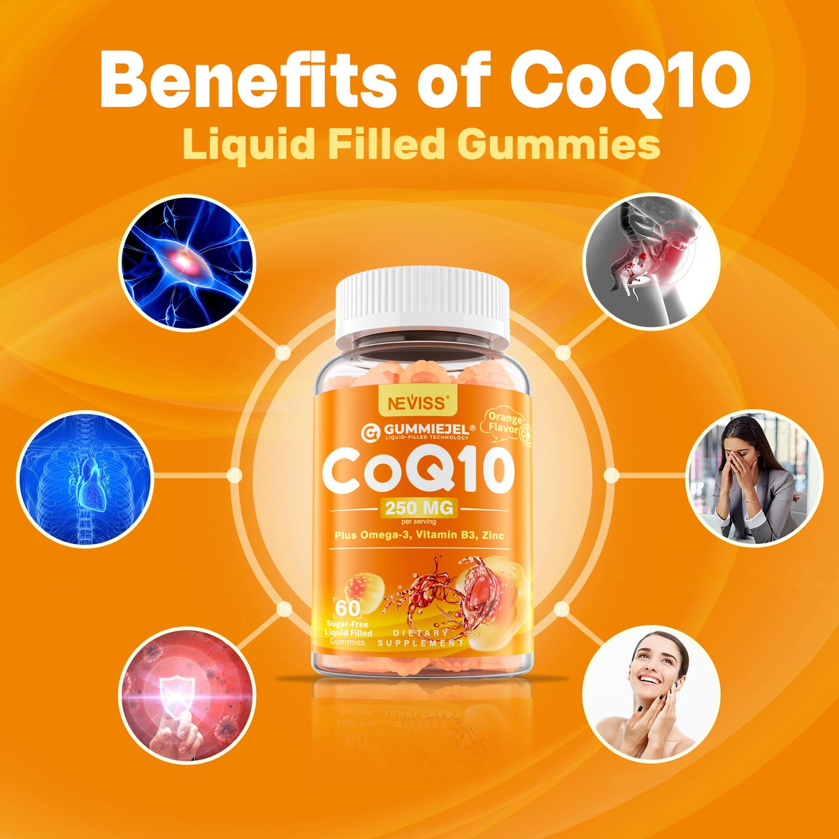 Détail des gummies CoQ10 250mg NEVISS montrant la texture gélifiée