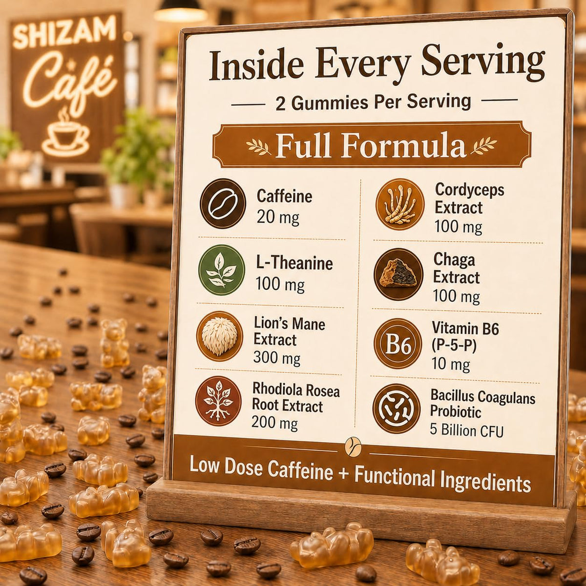 Détail des gummies de café aux champignons SHIZAM avec caramel macchiato