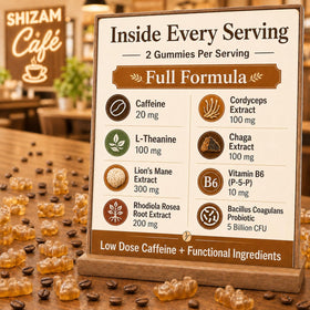 Détail des gummies de café aux champignons SHIZAM avec caramel macchiato