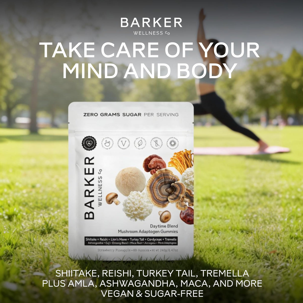 Détail des gummies de champignons Barker Wellness sur une table