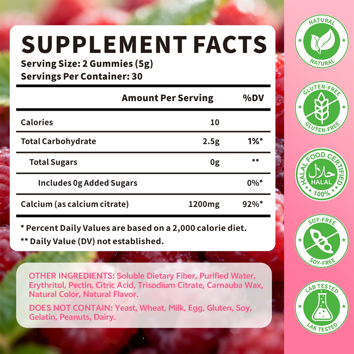 Détail des gummies de citrate de calcium HUUAYAO, goût framboise