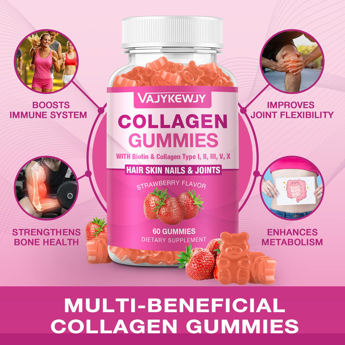 Détail des gummies de collagène VAJYKEWJY sur une table