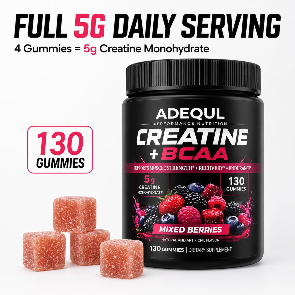 Détail des gummies de créatine ADEQUL avec une texture de baies