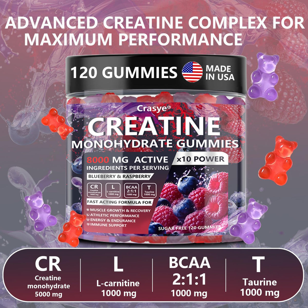 Détail des gummies de créatine Crasye sur une table