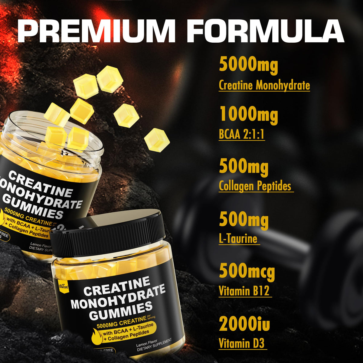 Détail des gummies de créatine EnvyCure montrant la texture