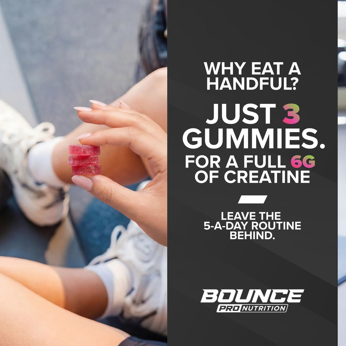 Détail des gummies de créatine monohydrate Bounce Pro
