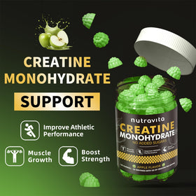 Détail des gummies de créatine Nutravita sur une table