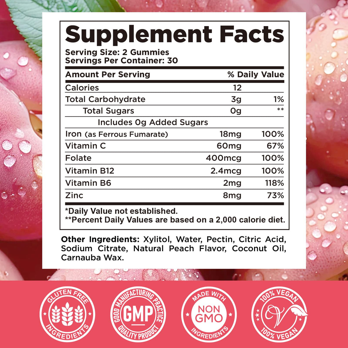 Détail des gummies de fer CFILIHTC, saveur pêche
