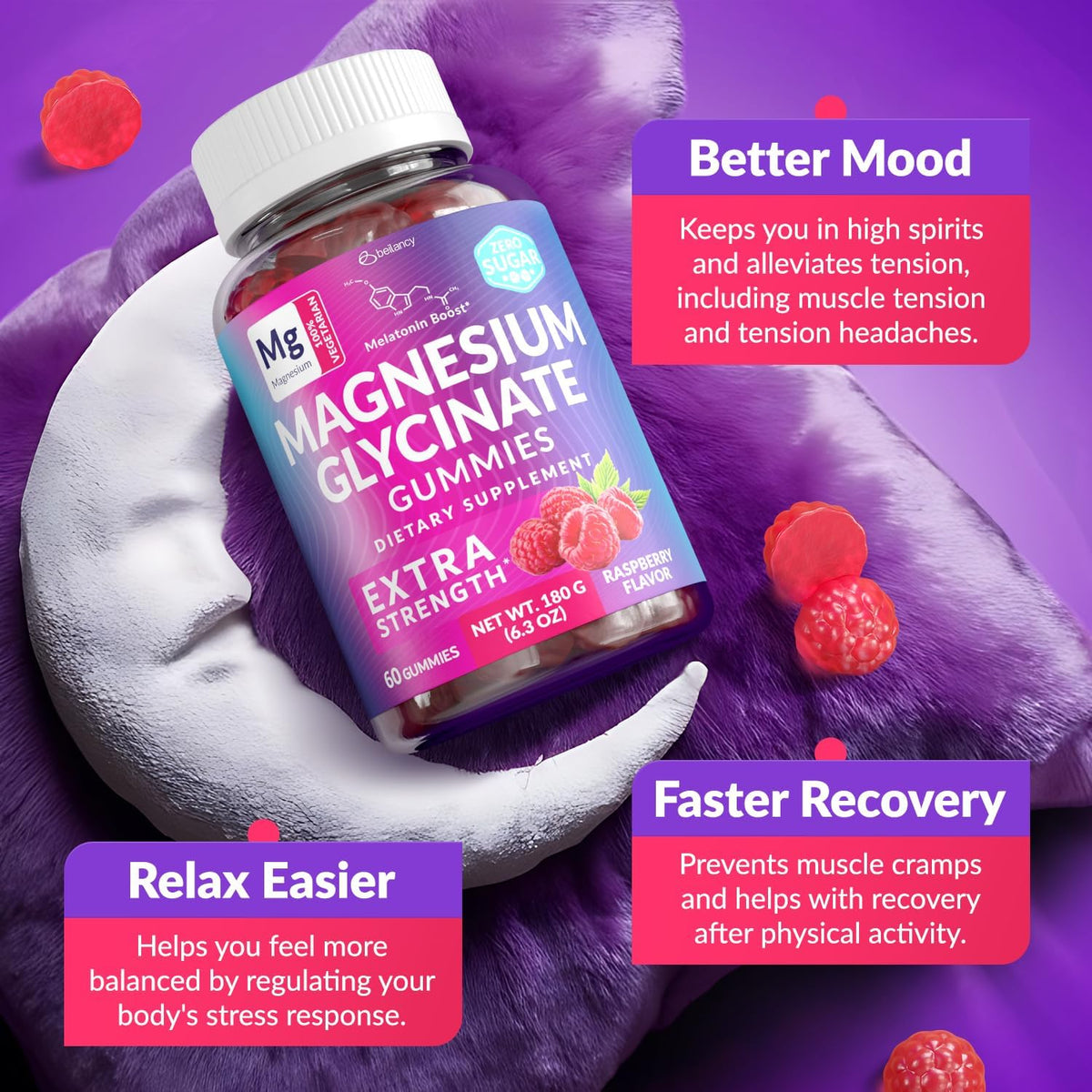 Détail des gummies de magnésium glycinate 400mg BE&LANCY sur une table