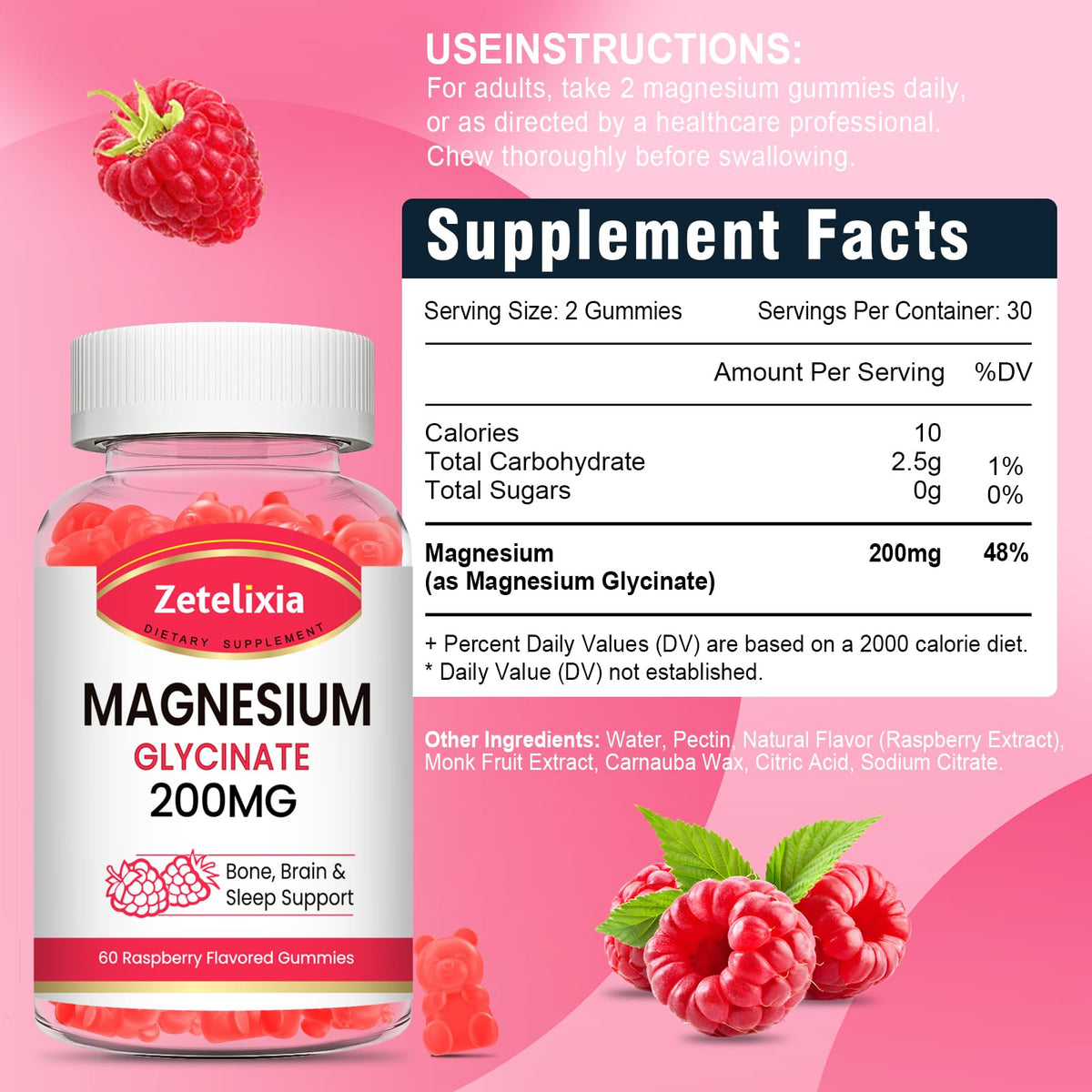 Détail des gummies de magnésium glycinate Zetelixia avec étiquette