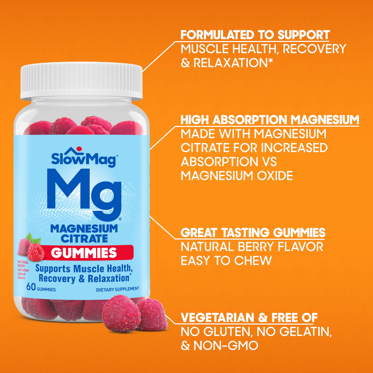 Détail des gummies de magnésium Slow-Mag, texture et couleur
