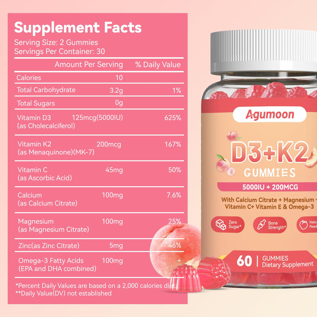 Détail des gummies de vitamine D3 K2 Agumoon avec goût de pêche