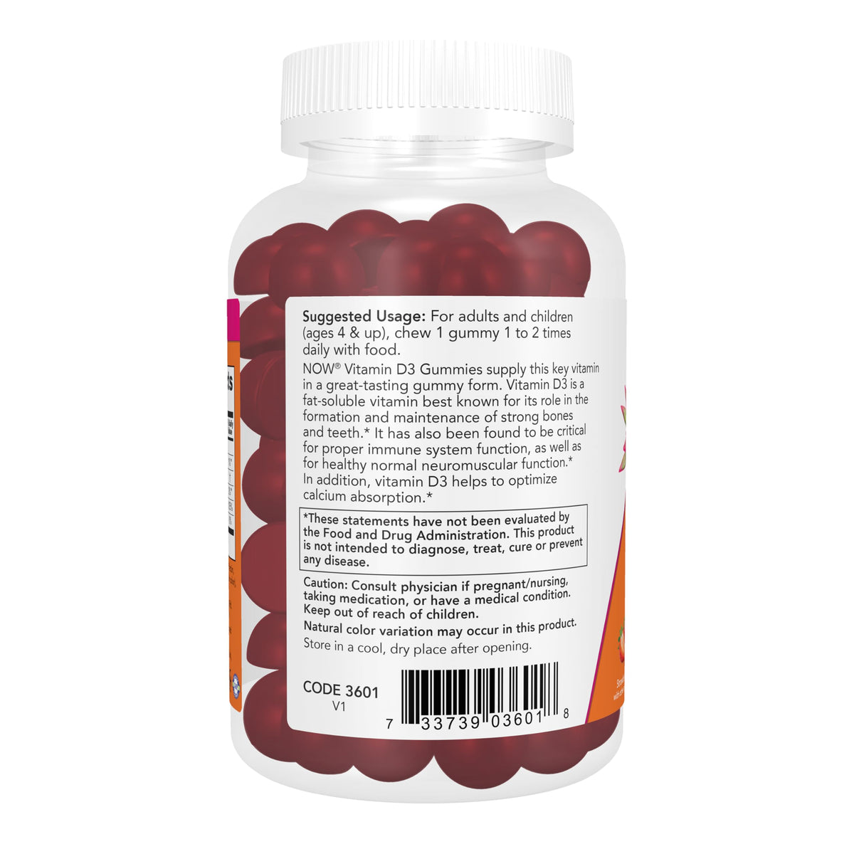 Détail des gummies de Vitamine D3 NOW Foods, texture et couleur