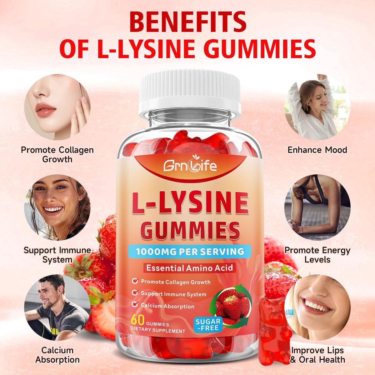Détail des gummies L-Lysine GrnLife avec texture visible