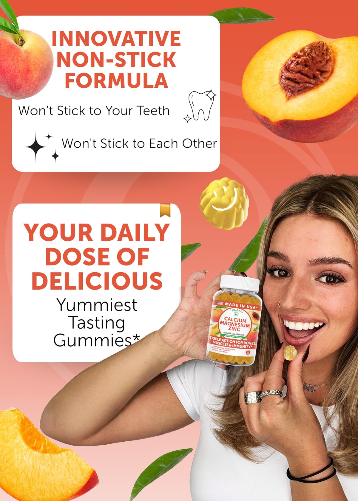 Détail des gummies Lunakai Calcium Magnésium Zinc avec Vitamine D3 et K2