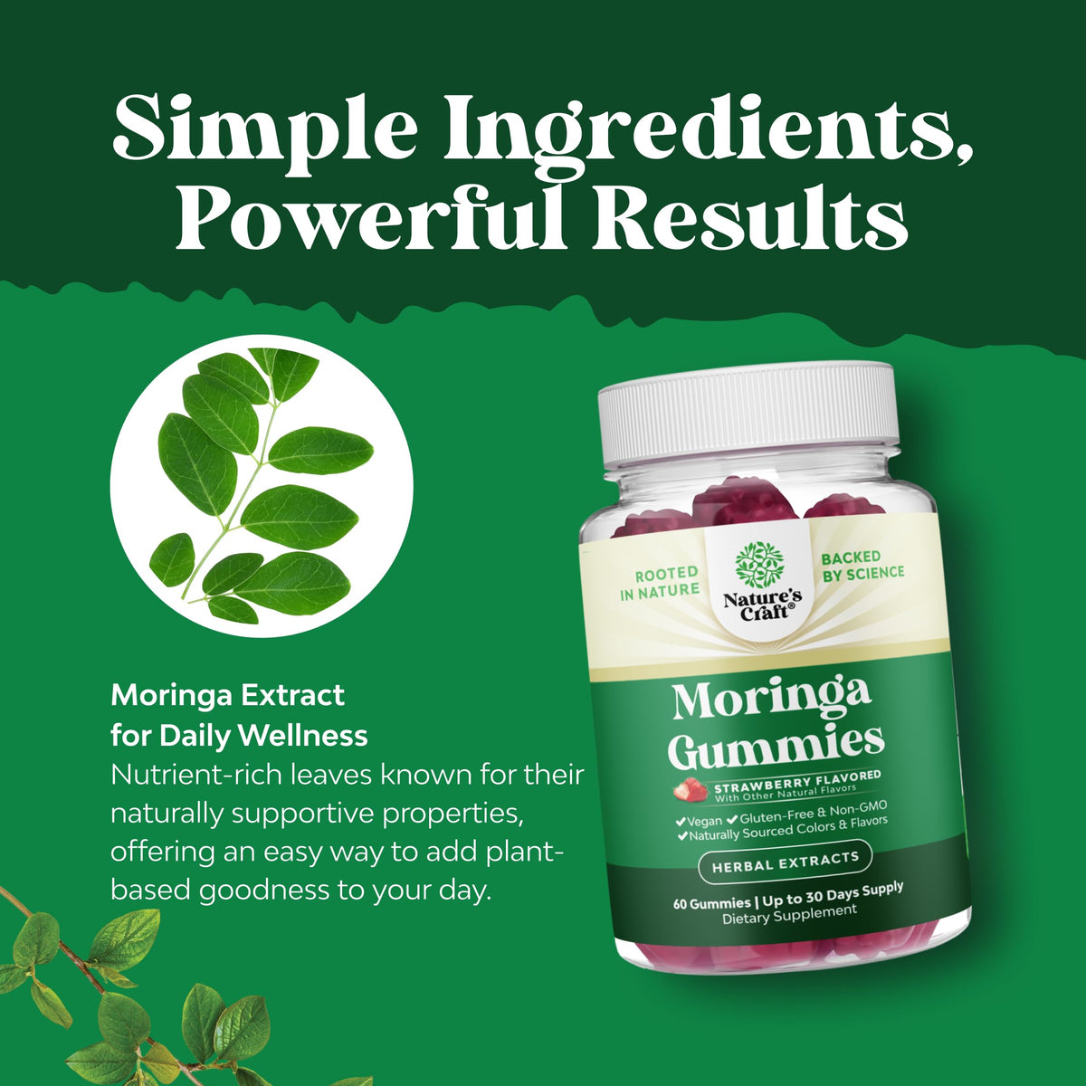 Détail des gummies Moringa Natures Craft, texture et couleur