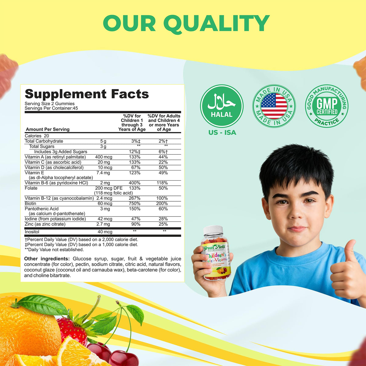 Détail des gummies multivitamines halal GREEN FIELD NUTRITIONS