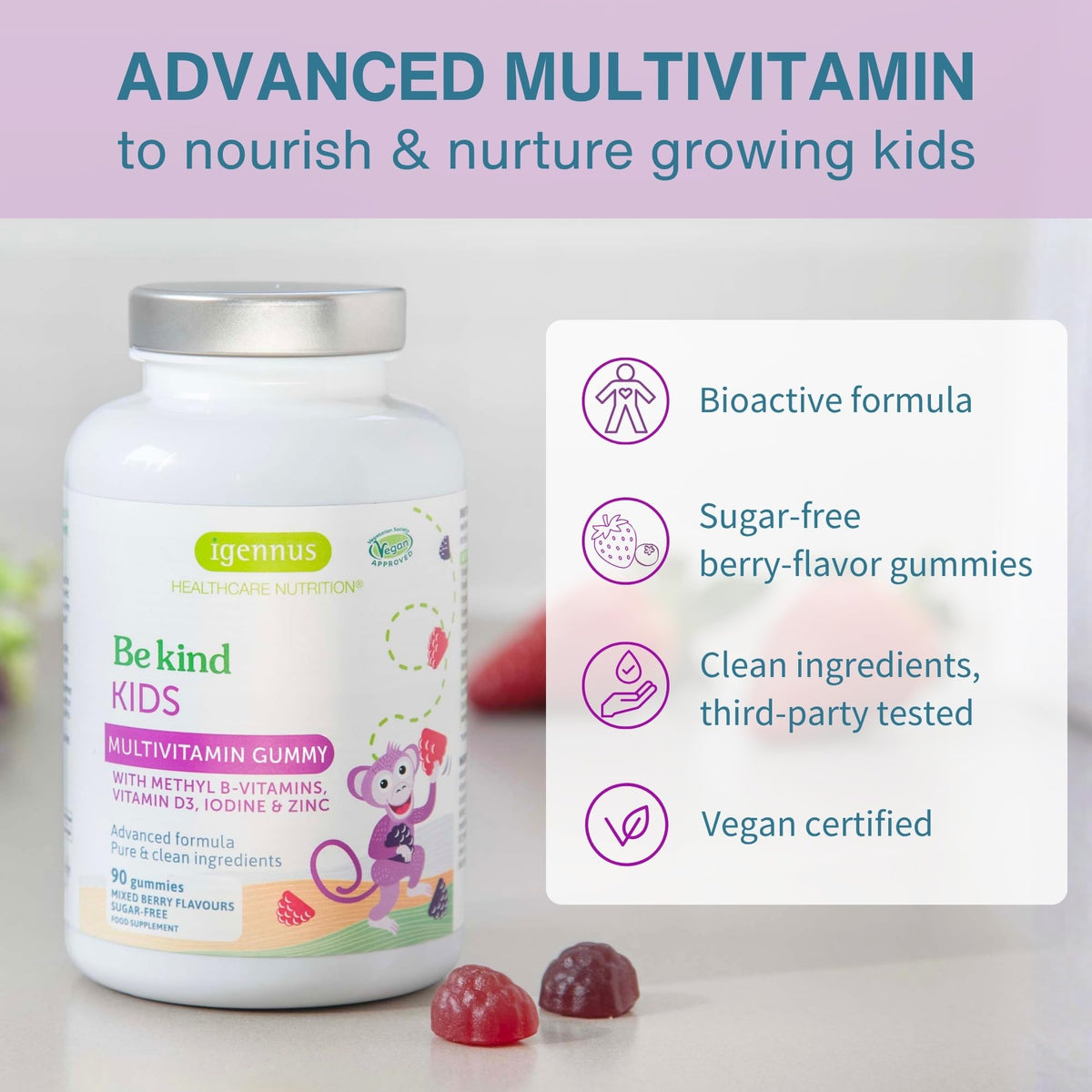 Détail des gummies multivitaminés Igennus, saveur baies mélangées