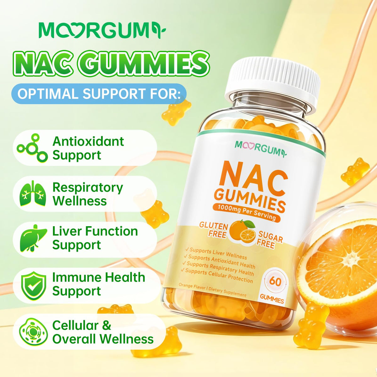 Détail des gummies NAC 1000mg MOORGUMY, orange naturel
