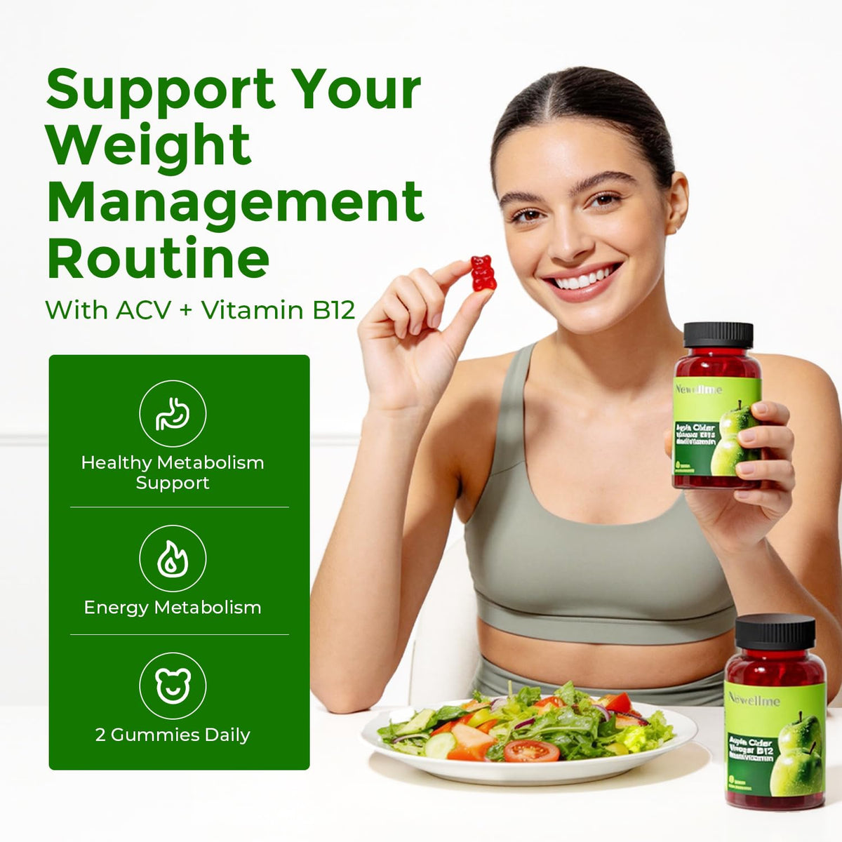 Détail des gummies NEWELLME avec B12, couleur et forme