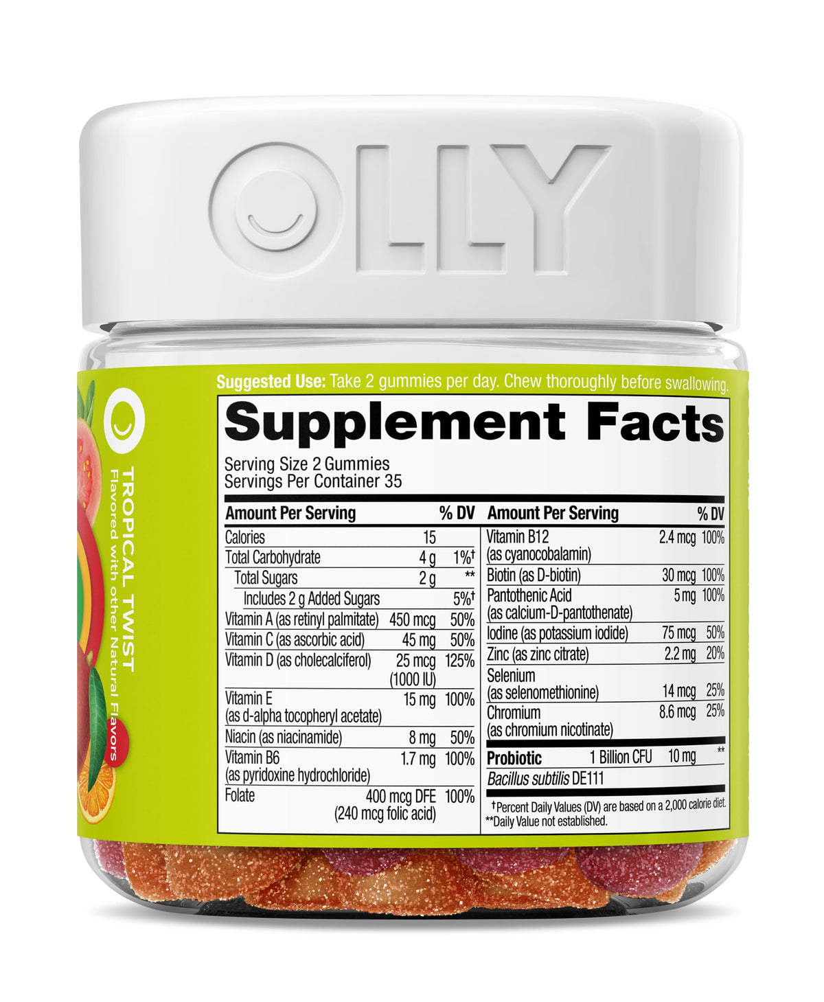 Détail des gummies OLLY Multi + Probiotic, montrant leur forme et couleur