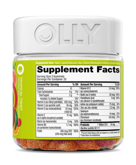 Détail des gummies OLLY Multi + Probiotic, montrant leur forme et couleur