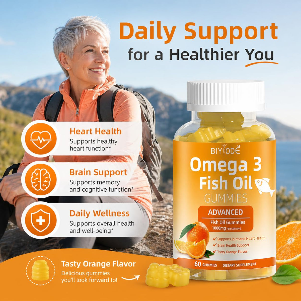 Détail des gummies Omega 3 BIYODE, couleur et texture