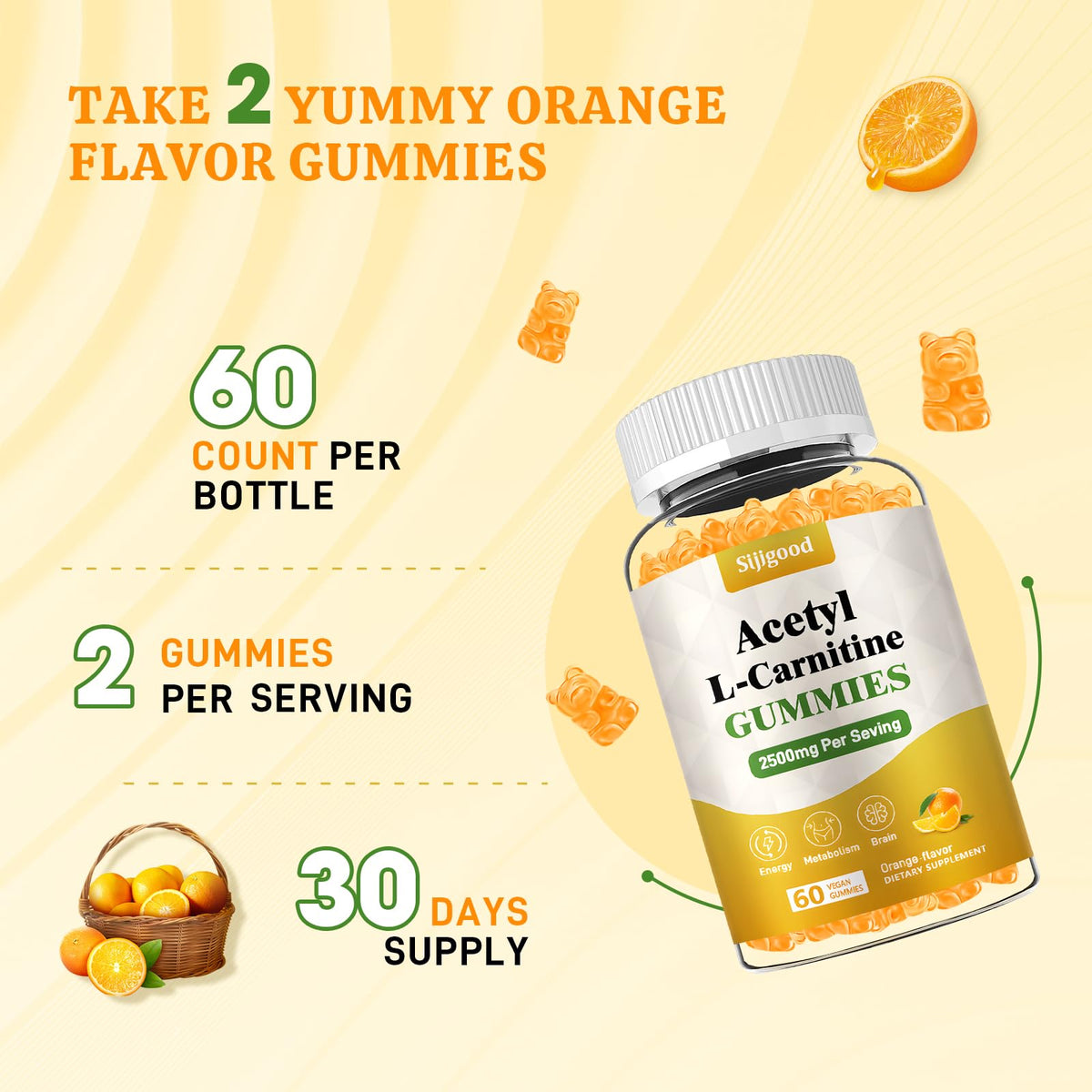 Détail des gummies Sijigood Acétyl L-Carnitine saveur orange