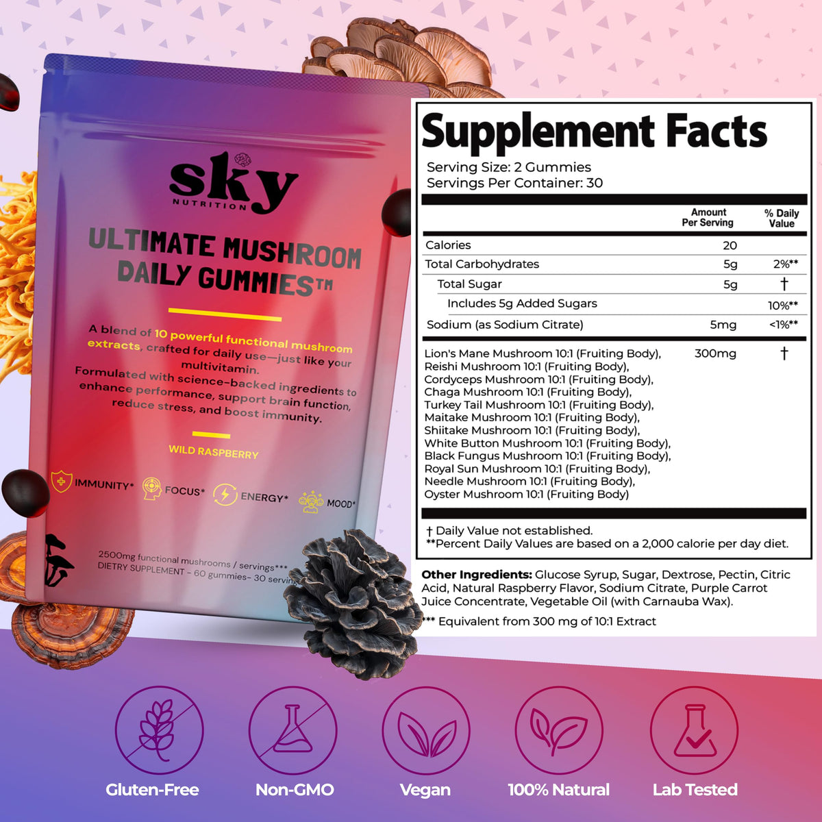 Détail des gummies SkyNutrition, couleur framboise