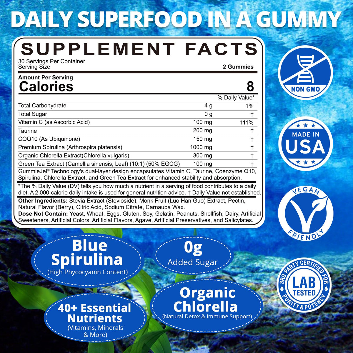 Détail des gummies Spiruline Bleue Bio Nextdia, couleur bleu vif