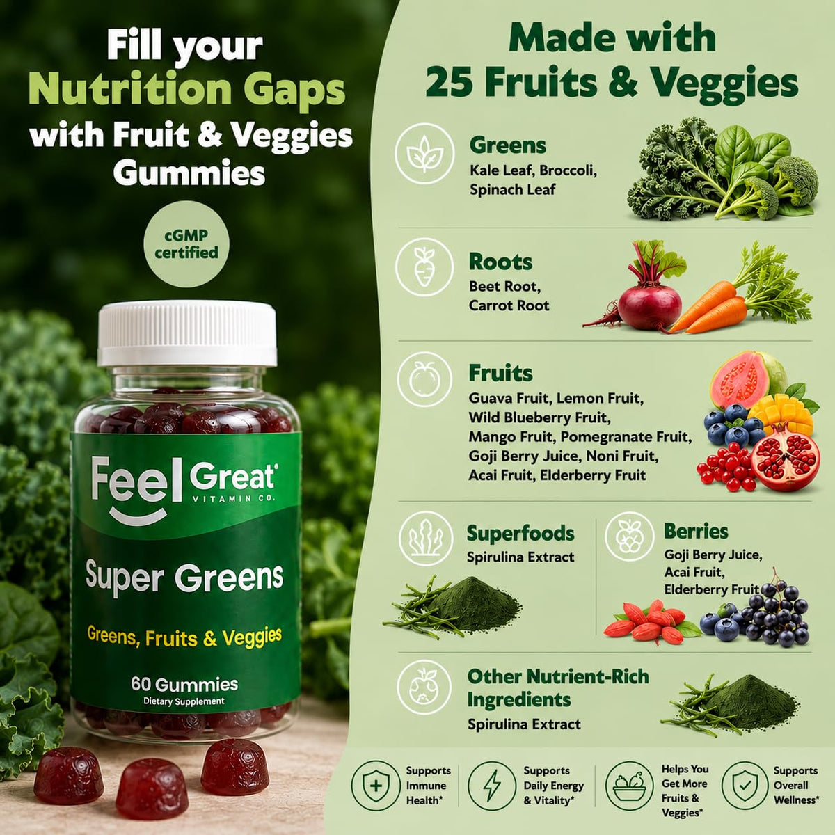 Détail des gummies Super Greens montrant leur texture douce et fruitée