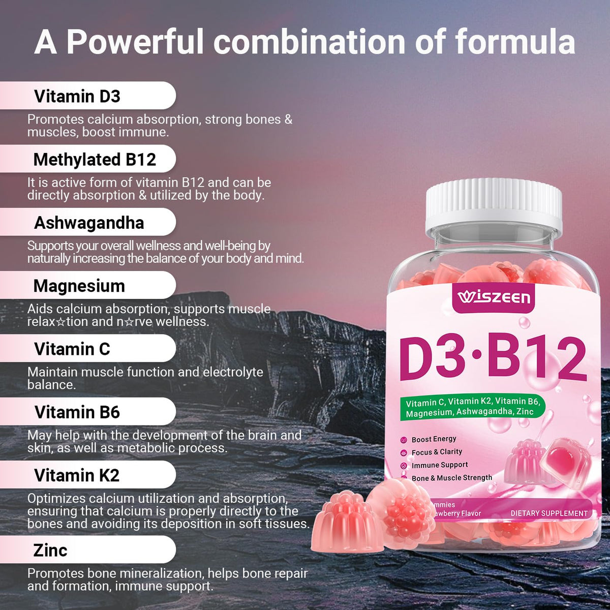 Détail des gummies Wiszeen avec ingrédients visibles