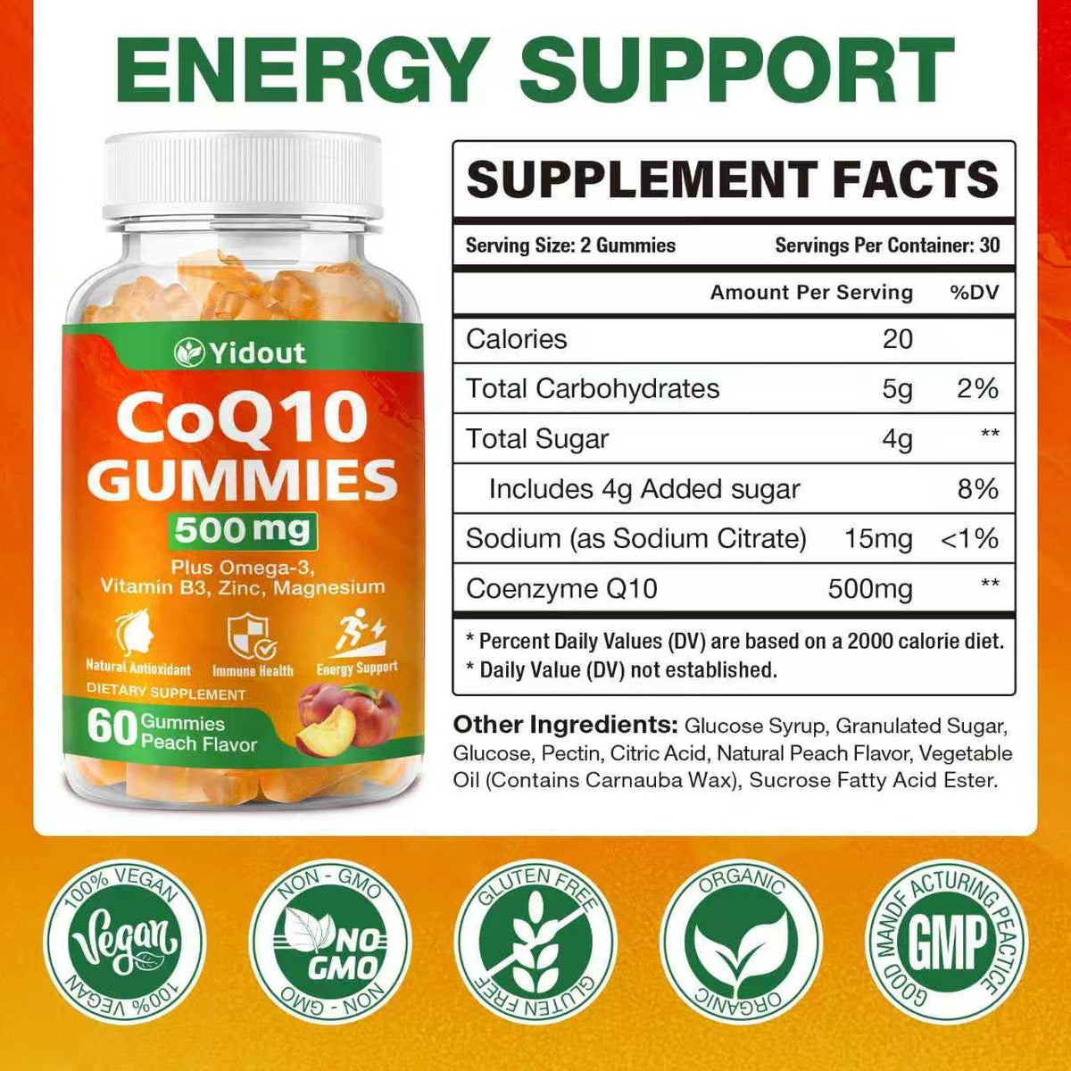 Détail des gummies Yidout CoQ10 avec étiquette et ingrédients