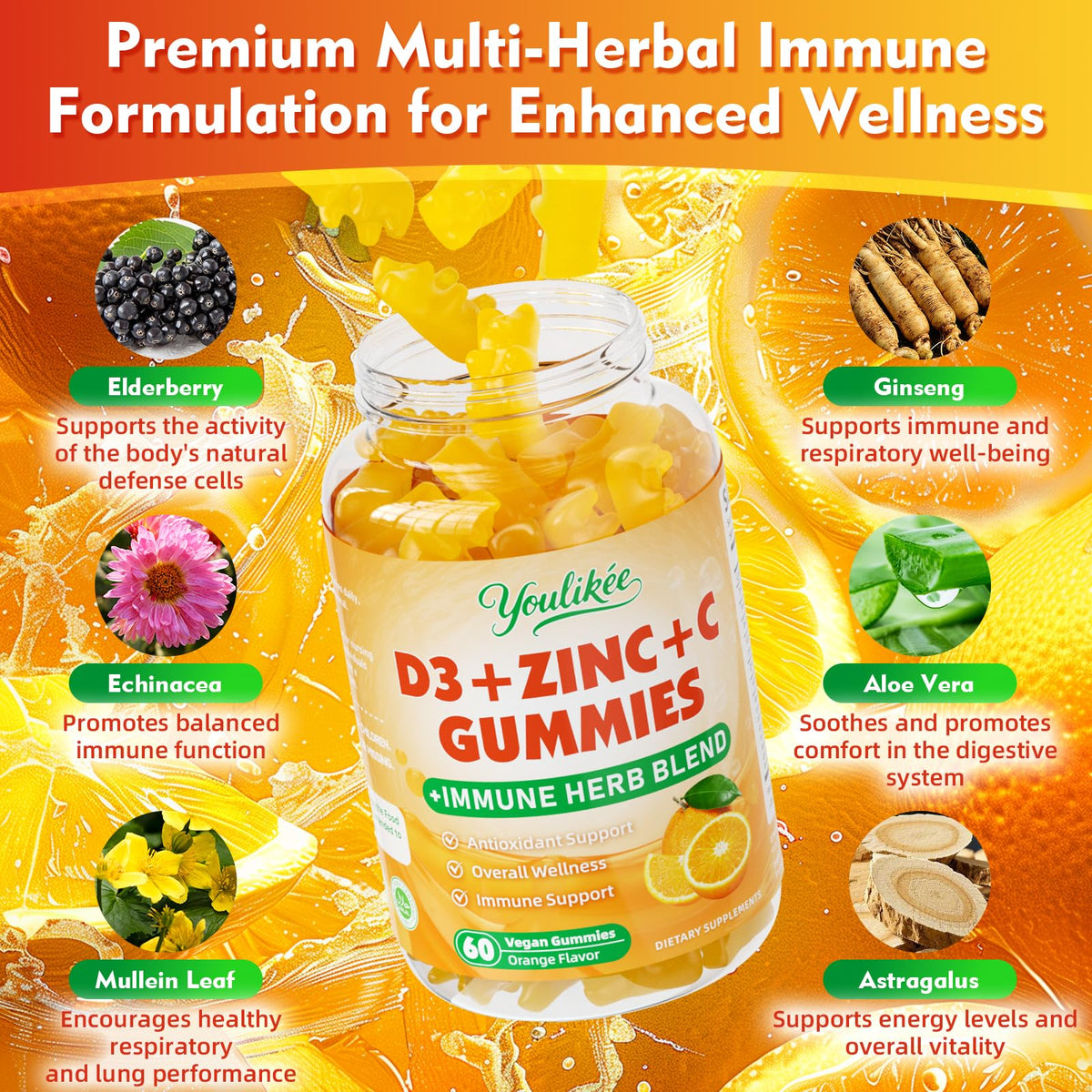 Détail des gummies Youlikee, texture et couleur orange