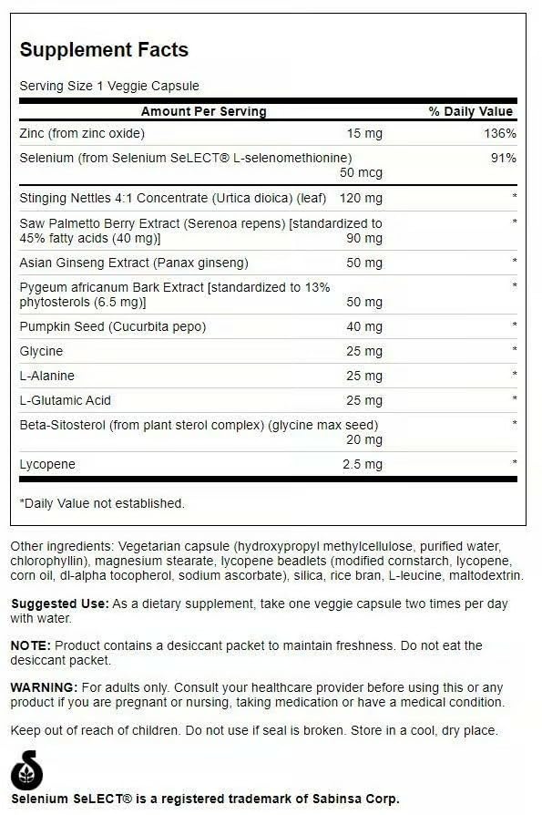 Détail des ingrédients de Swanson Prostate Essentials Plus