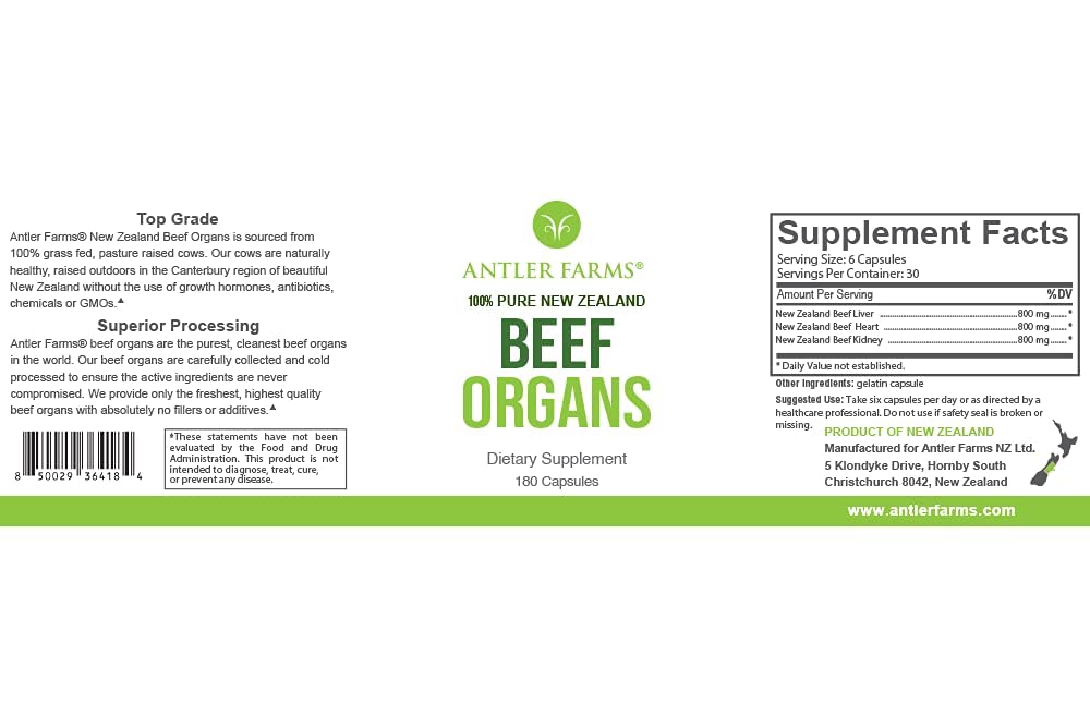 Détail des ingrédients des Organes de Boeuf Antler Farms